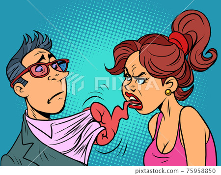 Husband and wife are having a row. The couple quarrels. Tongue like a fist Husband and wife are having a row. The couple quarrels. Tongue like a fist 75958850