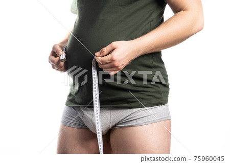 Fat man with a tape measure isolated on white background 75960045
