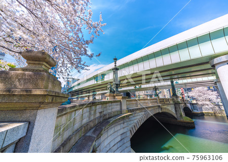 日本東京城市景觀的取消(緊急狀態再延長的取消)。日本橋和櫻花的景色 = 3 月 27 日 日本東京城市景觀的取消(緊急狀態再延長的取消)。日本橋和櫻花的景色 = 3 月 27 日 75963106
