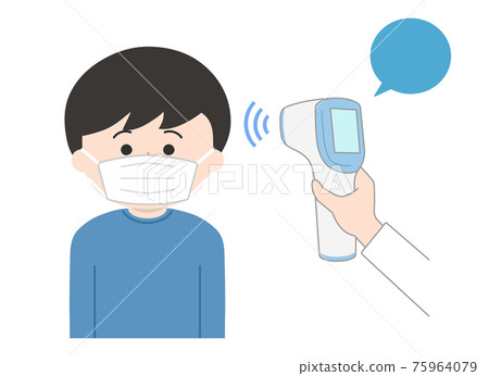 Illustration of a boy (wearing a mask) whose temperature is measured on his forehead Illustration of a boy (wearing a mask) whose temperature is measured on his forehead 75964079