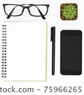 White hipster desk with notebook, pen, smartphone and eye glasses. Top view, flat lay. 75966265