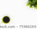 White minimal desk table with green coffee cup and tree pot. Top view with copy space, flat lay. 75966269