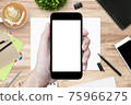 Hand holding smartphone with blank mock-up screen over the wood desk. 75966275