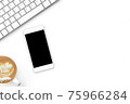 White smartphone with blank mockup screen is on top of white table with copy space. Top view, flat lay. 75966284
