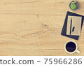 Wood hipster desk with notebook, pen and coffee. Top view with copy space, flat lay. Vintage tone. 75966286