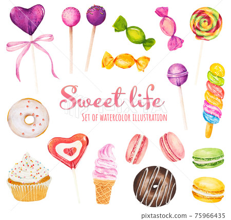 Set of watercolor sweets - ice cream, candy, donut, cupcake, lollipop and macaroons isolated on white background. Set of watercolor sweets - ice cream, candy, donut, cupcake, lollipop and macaroons isolated on white background. 75966435