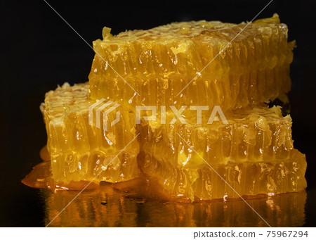 Yellow honey comb slice on black background Yellow honey comb slice on black background 75967294