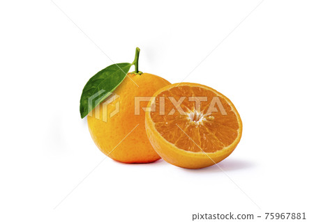 Oranges fruits with high vitamin C and green leaves, isolated on a white background. 75967881