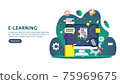 E-learning concept with computer, book and tiny people character in study process. E-book or online education. template for web landing page, banner, presentation, social media and print material. 75969675