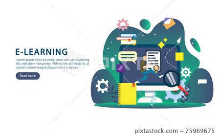 E-learning concept with computer, book and tiny people character in study process. E-book or online education. template for web landing page, banner, presentation, social media and print material. 75969675