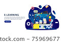 E-learning concept with computer, book and tiny people character in study process. E-book or online education. template for web landing page, banner, presentation, social media and print material. 75969677