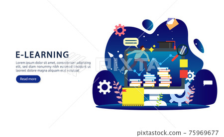 E-learning concept with computer, book and tiny people character in study process. E-book or online education. template for web landing page, banner, presentation, social media and print material. E-learning concept with computer, book and tiny people character in study process. E-book or online education. template for web landing page, banner, presentation, social media and print material. 75969677