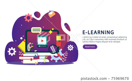 E-learning concept with computer, book and tiny people character in study process. E-book or online education. template for web landing page, banner, presentation, social media and print material. 75969678
