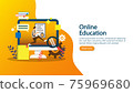 E-learning concept with computer, book and tiny people character in study process. E-book or online education. template for web landing page, banner, presentation, social media and print material. 75969680