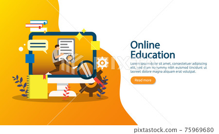 E-learning concept with computer, book and tiny people character in study process. E-book or online education. template for web landing page, banner, presentation, social media and print material. 75969680