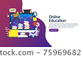 E-learning concept with computer, book and tiny people character in study process. E-book or online education. template for web landing page, banner, presentation, social media and print material. 75969682