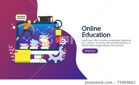 E-learning concept with computer, book and tiny people character in study process. E-book or online education. template for web landing page, banner, presentation, social media and print material. E-learning concept with computer, book and tiny people character in study process. E-book or online education. template for web landing page, banner, presentation, social media and print material. 75969682