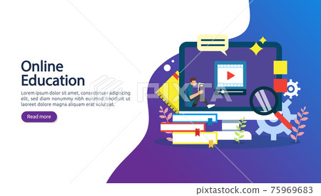 E-learning concept with computer, book and tiny people character in study process. E-book or online education. template for web landing page, banner, presentation, social media and print material. E-learning concept with computer, book and tiny people character in study process. E-book or online education. template for web landing page, banner, presentation, social media and print material. 75969683