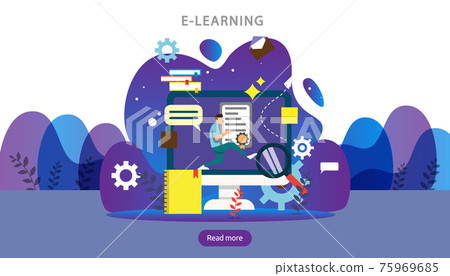 E-learning concept with computer, book and tiny people character in study process. E-book or online education. template for web landing page, banner, presentation, social media and print material. E-learning concept with computer, book and tiny people character in study process. E-book or online education. template for web landing page, banner, presentation, social media and print material. 75969685