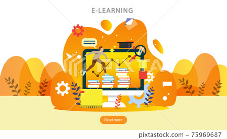 E-learning concept with computer, book and tiny people character in study process. E-book or online education. template for web landing page, banner, presentation, social media and print material. 75969687
