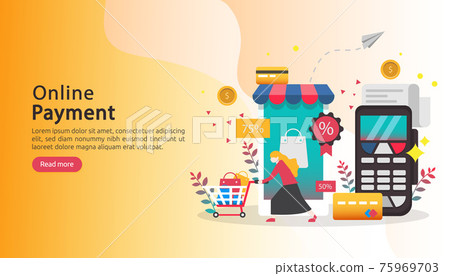 mobile payment or money transfer concept. E-commerce market shopping online illustration with tiny people character. template for web landing page, banner, presentation, social media, print media. mobile payment or money transfer concept. E-commerce market shopping online illustration with tiny people character. template for web landing page, banner, presentation, social media, print media. 75969703