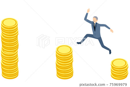 商人從金幣跳到金幣，商業場景圖像，等距 75969979