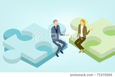 拼圖遊戲和商人，企業戰略形象，等軸測圖 75970006