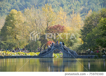 Hongcun Ancient Town in Anhui Province, China. Landscape view of the stone bridge crossing Nanhu Lake in Hongcun with fall backdrop. Ancient town of Hongcun in China with red and golden fall colors. 75970380