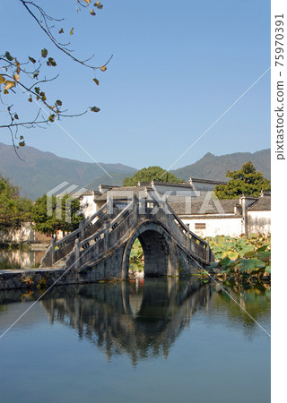 Hongcun Ancient Town in Anhui Province, China. View of the stone bridge crossing Nanhu Lake in Hongcun. Ancient town of Hongcun in China with bridge, old buildings and lilies. Hongcun Ancient Town in Anhui Province, China. View of the stone bridge crossing Nanhu Lake in Hongcun. Ancient town of Hongcun in China with bridge, old buildings and lilies. 75970391