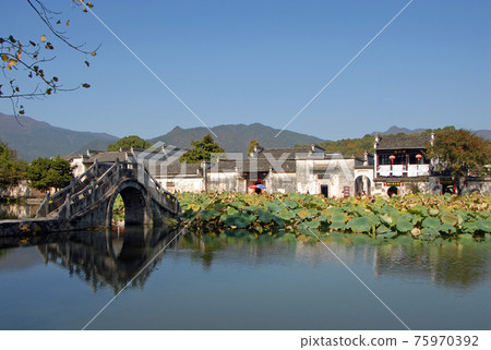 Hongcun Ancient Town in Anhui Province, China. View of the stone bridge crossing Nanhu Lake in Hongcun. Ancient town of Hongcun in China with bridge, old buildings and lilies. 75970392