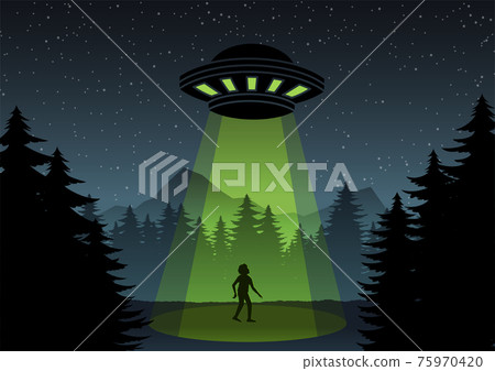 Cartoon version design of UFO fly over the forest and a man Cartoon version design of UFO fly over the forest and a man 75970420