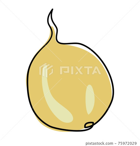 Onions are drawn with a single black line. Doodle style. Under the main line is a yellow spot with a glare. Linear style. Stock vector illustration. Isolated objects Onions are drawn with a single black line. Doodle style. Under the main line is a yellow spot with a glare. Linear style. Stock vector illustration. Isolated objects 75972029