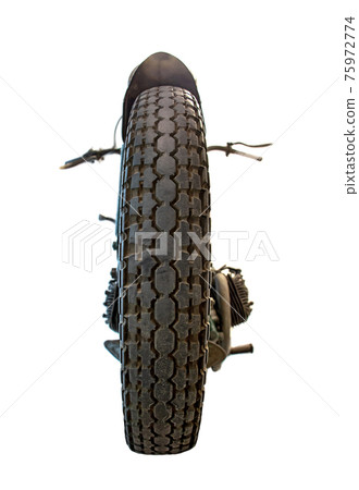 Old motorcycle, front view, isolated on white background. Tire of retro motorbike, close up. 75972774