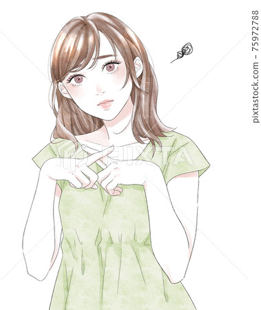 Illustration of a woman with a troubled expression making a cross pose 75972788