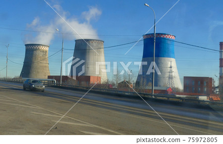 Pipes smoking CHP on the road in Moscow 75972805