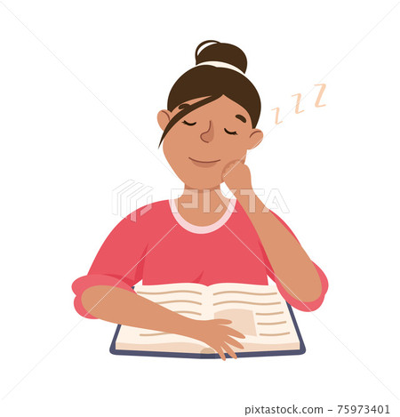 Young Woman with Open Book Slumbering or Drowsing with Hand Reclined Upon His Head Vector Illustration Young Woman with Open Book Slumbering or Drowsing with Hand Reclined Upon His Head Vector Illustration 75973401