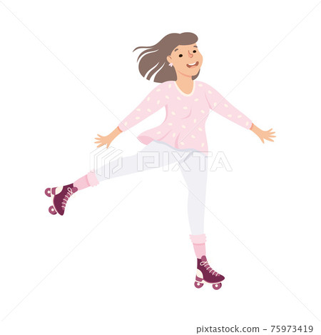 Smiling Woman Dancing on Roller Skates Performing Tricky Movement Vector Illustration 75973419