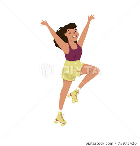 Smiling Woman Dancing on Roller Skates Performing Tricky Movement Vector Illustration 75973420