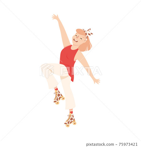 Smiling Woman Dancing on Roller Skates Performing Tricky Movement Vector Illustration Smiling Woman Dancing on Roller Skates Performing Tricky Movement Vector Illustration 75973421