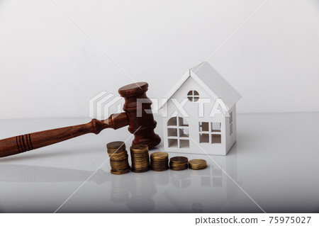 Real estate sale auction concept. Wooden gavel and house model 75975027