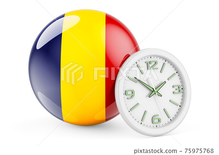 Romanian flag with clock. Time in Romania, 3D rendering 75975768