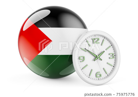 Palestinian flag with clock. Time in Palestine, 3D rendering 75975776