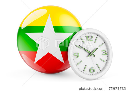 Myanmar flag with clock. Time in Myanmar, 3D rendering 75975783