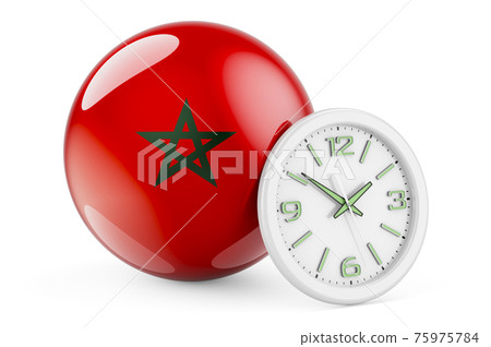 Moroccan flag with clock. Time in Morocco, 3D rendering 75975784