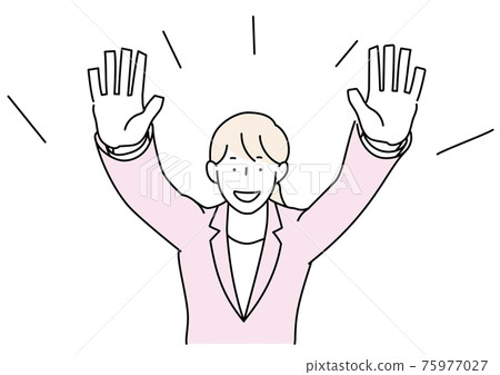 The front of a woman in a suit that raises both hands 75977027