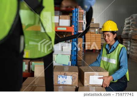 Female warehouse worker working at the storehouse Female warehouse worker working at the storehouse 75977741
