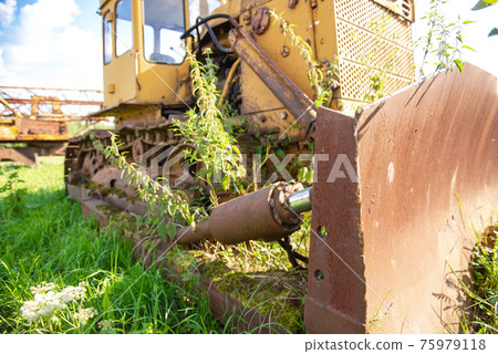 Abandoned farm equipment. The bulldozer covered with moss. Overgrown weeds tractor. Bulldozer is worth many, many years. 75979118