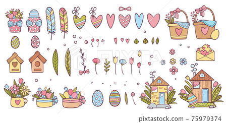 Happy Easter big icons set, hand drawn style 75979374