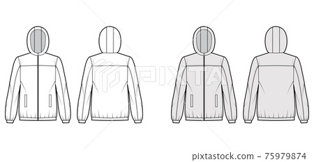 Windbreaker jacket technical fashion illustration with hood, oversized, long sleeves, welt pockets, zip-up opening 75979874