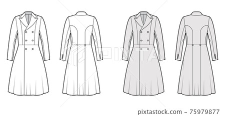 Redingote coat technical fashion illustration with double breasted, fitted, long sleeves, peak lapel collar, knee length Redingote coat technical fashion illustration with double breasted, fitted, long sleeves, peak lapel collar, knee length 75979877